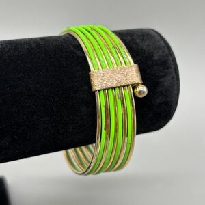 Vintage Mid Century Modern Bangle Bracelet Neon Green Gold Tone Multi Wire 1960s